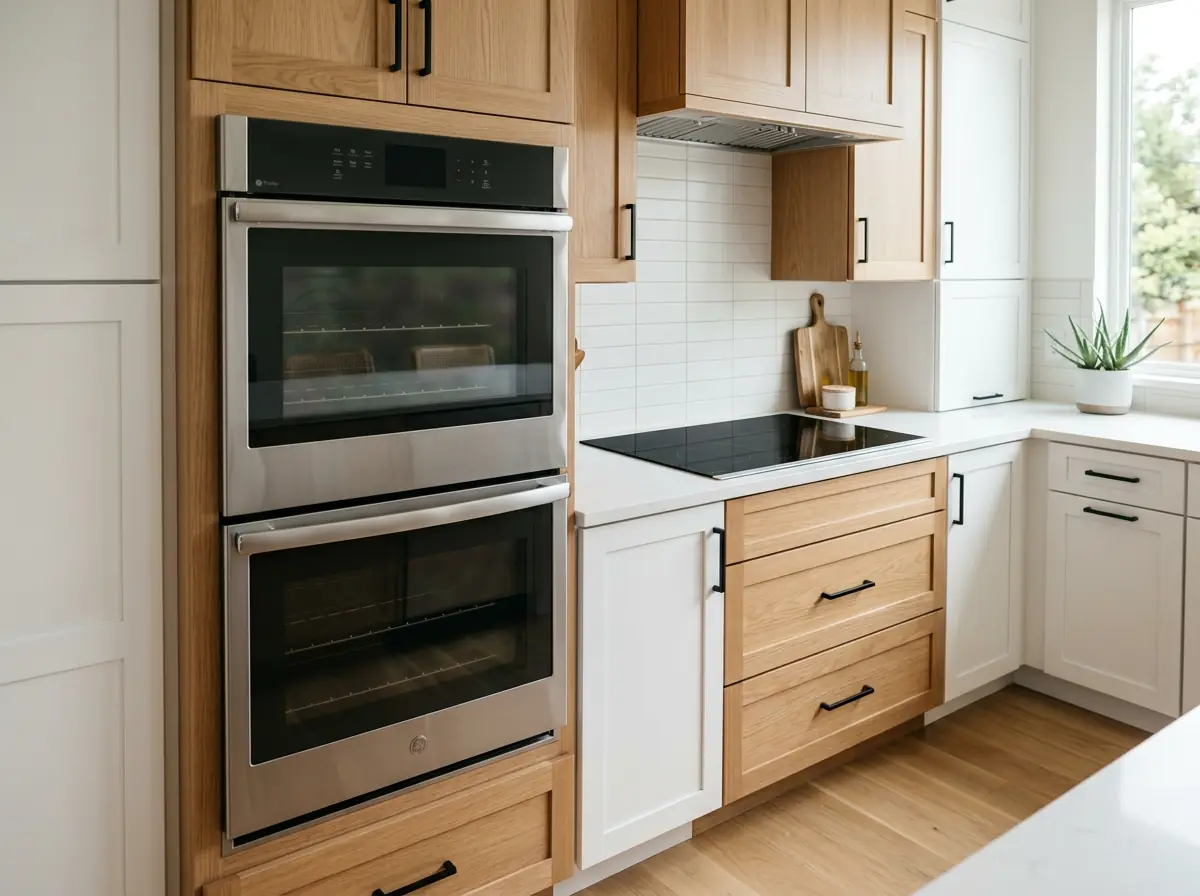 Stainless steel wall ovens and induction cooktop precisely integrated into modern kitchen cabinetry