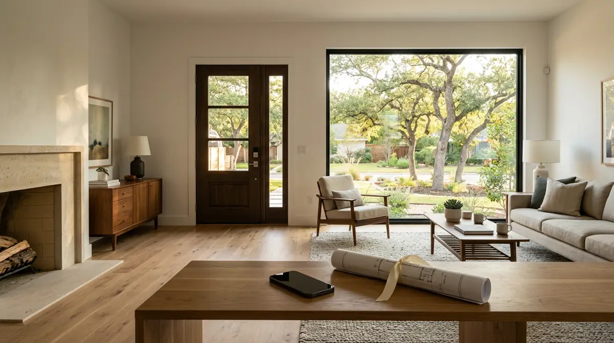 Finished Texas living room with a new picture window and entry door beside a phone and rolled project plan