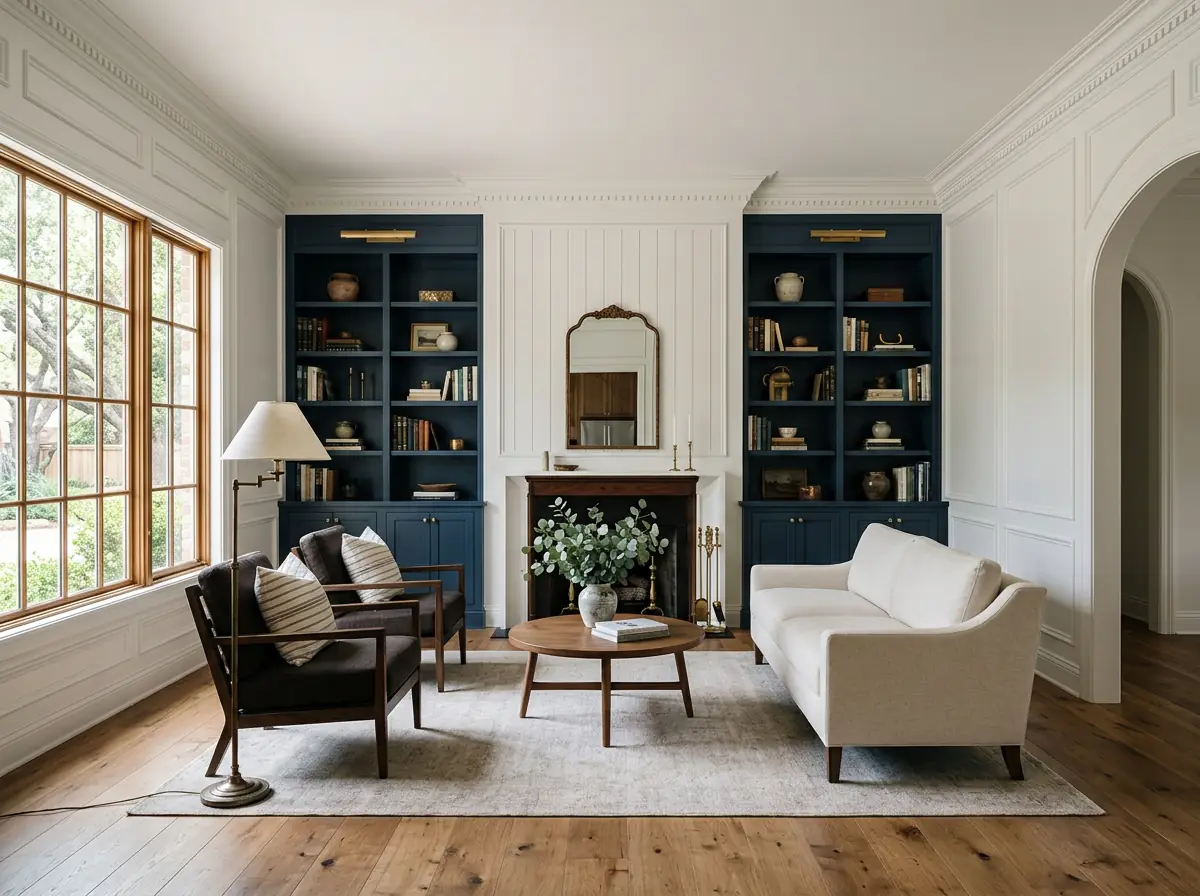 Remodeled colonial-style living room with traditional wall paneling and contemporary dark blue built-ins