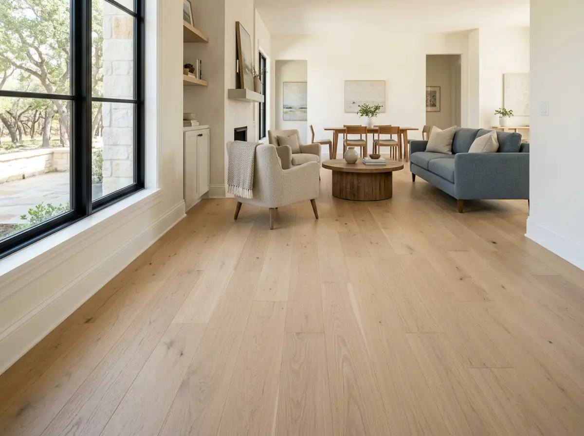 Finished wide-plank light oak flooring with clean white baseboards in a bright modern living room