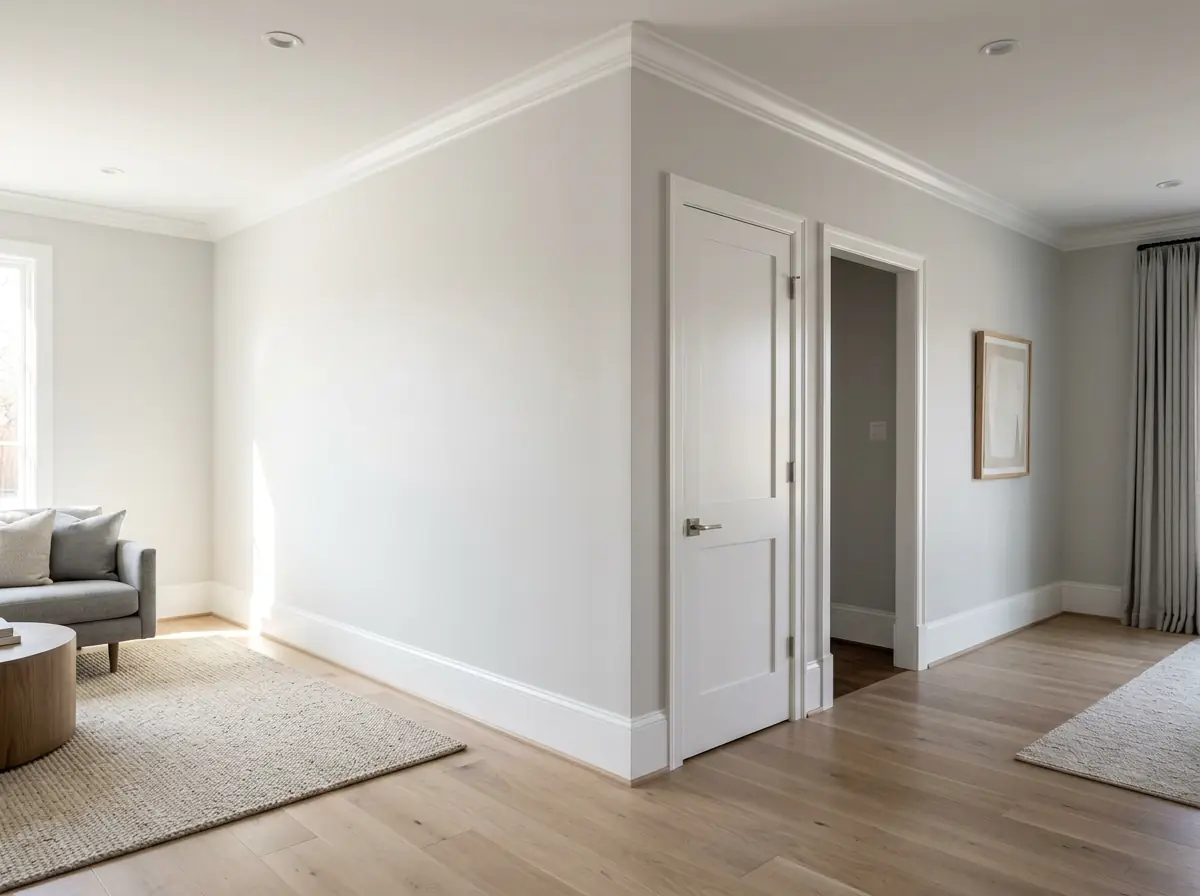 Finished living room with new crown molding, baseboards, smooth walls and refined interior doorway trim