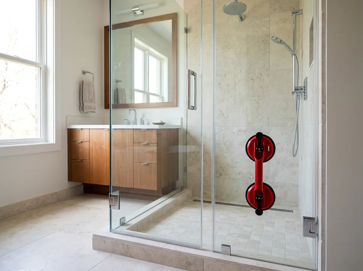 Finished frameless glass shower enclosure with pale stone tile and a professional glass suction lifter