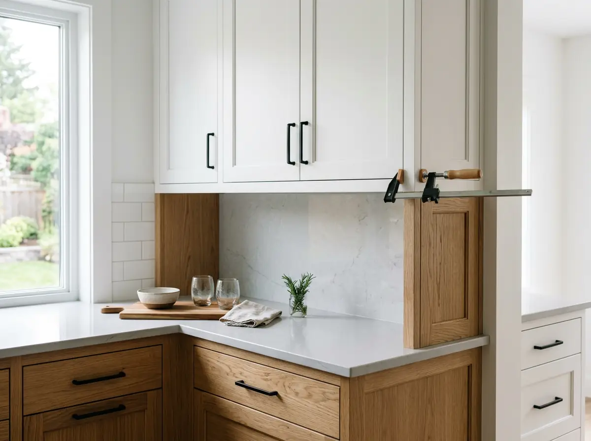 Modern white and natural wood kitchen cabinetry aligned with a professional face-frame cabinet clamp