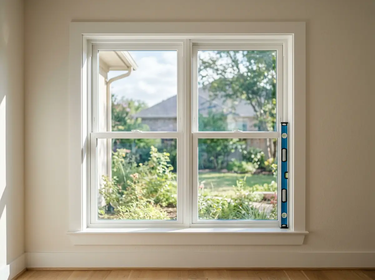 New white double-hung residential windows checked for precise alignment with a professional spirit level