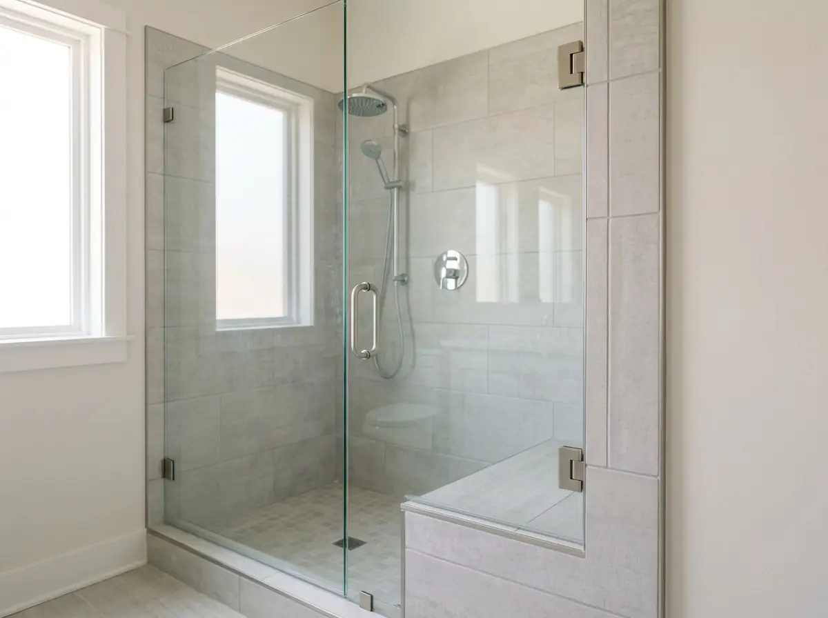 Frameless glass shower door with brushed nickel hinges newly installed on a tiled shower enclosure beside a glass suction lifter