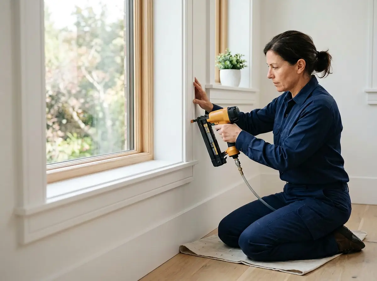 Experienced craftsperson completing precise interior window trim in a remodeled room