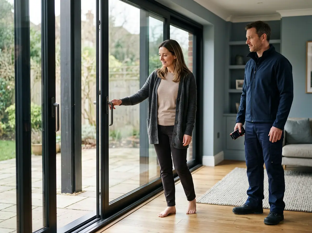Homeowner testing the smooth operation of professionally installed sliding patio doors