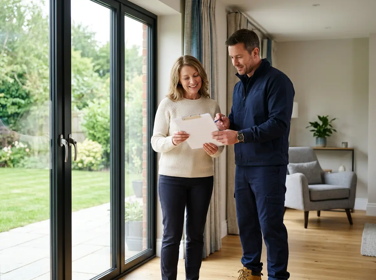 Homeowner and installer reviewing workmanship warranty details beside completed patio doors