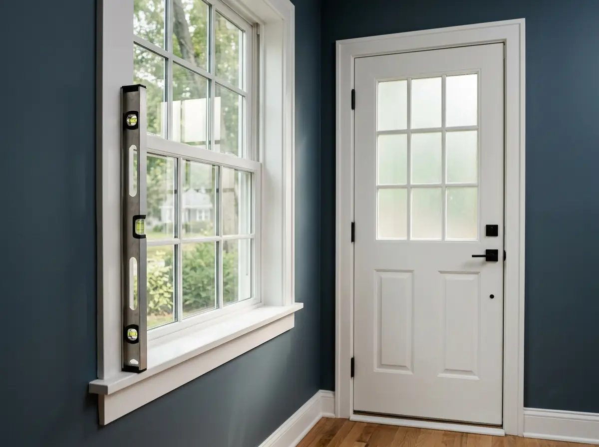Newly installed white double-hung window and white exterior entry door checked with a professional spirit level in a finished home interior